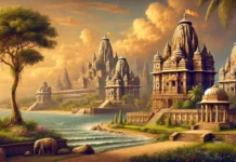 श्री चंद्रप्रभस्वामी जैन देरासर प्रभास पाटन DALL·E 2025-02-12 10.35.01 - A historical depiction of Chandraprabhasanagar, also known as Chandrodyan, an ancient city founded by Bharat Chakravarti, son of Rishabhdev Swami, dur